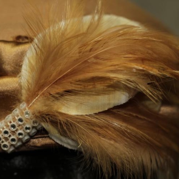 Lily Lee Wool Tan & Gold Feathered Pillbox Hat